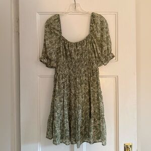 Puff Sleeve Sage Green Floral Mini Dress